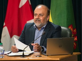 Saskatchewan's chief medical health officer Dr. Saqib Shahab gives an update on the COVID-19 pandemic situation in Saskatchewan during a news conference held at the Saskatchewan Legislative Building.