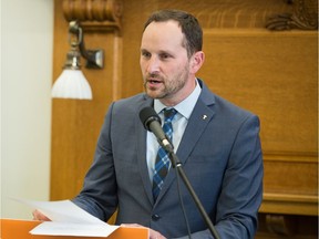 Saskatchewan NDP Leader Ryan Meili speaks during a media event held at the Saskatchewan Legislative Building on June 11, 2020.