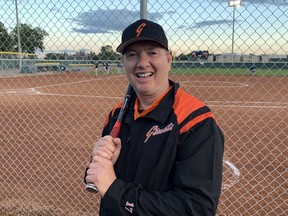 Brad Flanagan of the Moose Jaw Giants is shown at Kaplan Field, where he began his 35th season of fastball on Monday night.