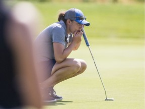 SASKATOON, SK--JULY 23/2020 - 0724 sports golf amateur - Brooklin Fry lines up a putt during the final round of the 102nd Saskatchewan Women's Amateur Championships. Photo taken in Saskatoon, SK on Thursday, July 23, 2020.