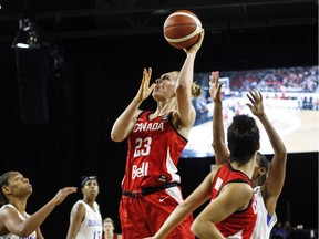 CP-Web. Canada's Quinn Dornstauder (23) goes up for the shot against the Dominican Republic during second half action of FIBA Women's Olympic Pre Qualifying Tournaments Americas 2019, in Edmonton, Alta., on Sunday November 17, 2019.THE CANADIAN PRESS/Jason Franson ORG XMIT: EDM111