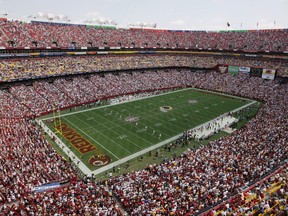 An aerial view of FedEx Field taken during NFL week one between the Washington Redskins and the Tampa Bay Buccaneers at FedEx Field on September 12, 2004 in Landover, Maryland.