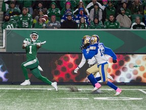 Saskatchewan Roughriders wide receiver Shaq Evans, 1, was a CFL all-star during his breakout season of 2019.