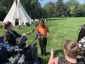 Tristen Durocher addresses reporters on the lawn of Saskatchewan Legislature on the afternoon of Aug. 2, 2020: day three of his hunger strike.  Photo by Alec Salloum