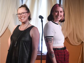 Roxie Lenton-Young, left, and Emma New of the Creative City Centre stand in the centre's performance space in their building on Hamilton Street in Regina, Saskatchewan on August 7, 2020.