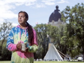Tristen Durocher at his protest teepee in Wascana Park in Regina on Monday, August 10, 2020.