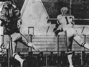 Tom Campana makes a touchdown catch for the Saskatchewan Roughriders behind Edmonton defensive back Larry Highbaugh on Aug. 15, 1976 at Taylor Field.
