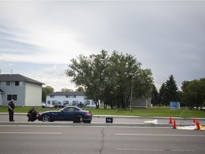 Regina police investigate a serious motor vehicle/ pedestrian collision in the area of Quinn Drive and Broad Street in Regina , Friday, August, 14, 2020.