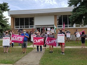 Members of CUPE Local 5512 hold a rally outside Prairie South School Division offices in Moose Jaw on Aug. 17/20. The rally was held in protest of cuts to cleaning at schools, citing concerns about COVID-19. (submitted photo)