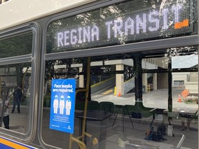 Signage notifying riders that masks are required will be posted on buses in Regina in advance of Aug. 31 when they become mandatory.