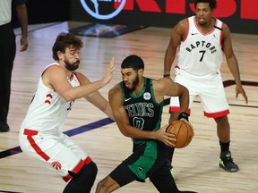 The Toronto Raptors need a lot more from Marc Gasol (left) to make this a longer series. Jayson Tatum will also likely play a bigger role as the games continue.