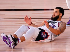 Fred VanVleet #23 of the Toronto Raptors reacts after scoring a basket and drawing the foul during the second quarter against the Memphis Grizzlies at Visa Athletic Center at ESPN Wide World Of Sports Complex on August 09, 2020 in Lake Buena Vista, Florida.