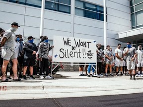Detroit Lions players skipped practice to protest the police shooting of a Black man in Wisconsin, Jacob Blake, in a picture posted to social media Tuesday, Aug. 25, 2020.