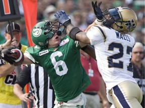 Saskatchewan Roughriders' Rob Bagg and Winnipeg Blue Bombers' Lenny Walls clash in the Labour Day Classic at Mosaic Stadium on Sept. 6, 2009.