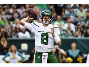 Quarterback Luke Falk, shown here with the New York Jets in 2019, is among the 10 players on the Saskatchewan Roughriders' negotiation list revealed by the CFL on Thursday.