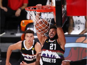 The Denver Nuggets' Jamal Murray, from Kitchener, Ont., dunks against the Los Angeles Clippers during Game 6 of a best-of-seven NBA Western Conference semi-final.