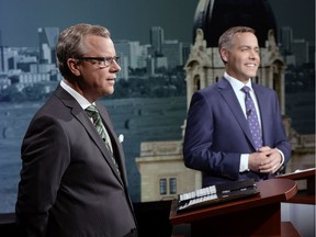 Brad Wall (left) and Cam Broten, then leaders of the Saskatchewan Party and Saskatchewan NDP, respectively, took part in a leaders debate during the 2016 provincial election campaign