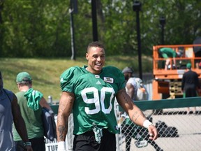 Roughriders' defensive end Jordan Reaves, shown at training camp in 2018, was stung by comments of some members of Rider Nation.