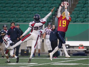 Sheldon-Williams Spartans receiver Max Polischuk makes a reception during a Regina Intercollegiate Football League game in 2019. On Thursday, the Regina High Schools Athletic Association announced that there won't be any inter-school fall sports in 2020 due to COVID-19.