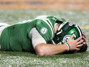 Saskatchewan Roughriders quarterback Cody Fajardo reacts after his final pass of the 2019 season — on the final play of the West Division final against the visiting Winnipeg Blue Bombers — hit a crossbar. Winnipeg won 20-13 and proceeded to capture its first Grey Cup title since 1990.