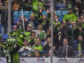 SASKATOON,SK--FEBRUARY 28/2020-0229 sports rush- Saskatchewan Rush forward Jeff Shattler celebrates a goal against the Toronto Rock in NLL action at SaskTel Centre in Saskatoon, SK on Saturday, February 29, 2020.