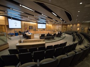 Members of Regina's city council meet in a nearly empty council chambers to discuss city matters surrounding COVID-19 at City Hall in Regina, Saskatchewan on Mar. 20, 2020. Members of the council not present in person participated in the meeting through online means.