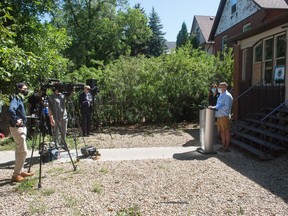 Joey Tremblay, Co-Chair of the Board of Directors for Street Culture Project, speaks to members of the media regarding recent allegations made against a number of the organization's employees, during a news conference held outside the organization's building on Victoria Avenue in Regina, Saskatchewan on Aug 5, 2020.