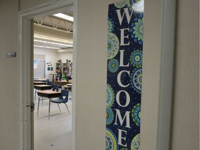 A sign welcomes students at St. Gregory School in Regina, Saskatchewan on Sept. 1, 2020.