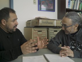 Wahbi Zarry, left, practices Cree with Solomon Ratt in Ratt's office at the First Nations University of Canada while filming his documentary 10 Days of Cree. The documentary is the first in a series he is creating called Canadian Languages, with each half hour documentary in the series showcasing a different Indigenous Language and Wahbi's efforts to learn as much of it as he can in 10 days.