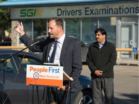 REGINA, SASK : September 10, 2020  -- Saskatchewan NDP leader Ryan Meili speaks at a news conference in the parking lot of the SGI examinations centre in Regina, Saskatchewan on Sept. 10, 2020. The New Democrats are suggesting that what they claim is a surplus of funds being held by SGI should be returned to ratepayers directly. BRANDON HARDER/ Regina Leader-Post