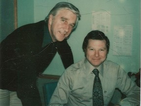 Actor Leslie Nielsen (left) with radio host Sherv Shragge at CKCK Radio in Regina, Sask. on Oct. 29, 1975. Photo courtesy Sherv Shragge.