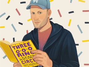 An artist's portrayal of author Jeff Pearlman with his new book, Three-Ring Circus, about the Los Angeles Lakers' dynasty.