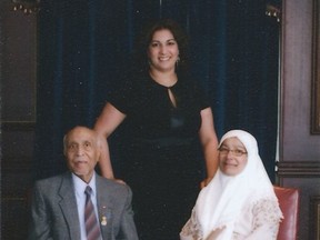 Joy Bhimji (back) stands with her parents, Raza and Nargis Bhimji, at their 50th wedding anniversary celebration. (Photo courtesy of Joy Bhimji)