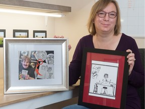 Cathy Sali holds her cartoon drawing of Burton Cummings and a photo of the music legend holding the drawing.