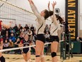 Jordy McEachern, left, and Brooklyn Brodner of the Campbell Tartans defend against the Miller Marauders in Regina High Schools Athletic Association senior girls volleyball action last season.