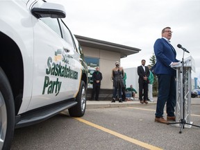 Saskatchewan Party Leader Scott Moe kicks off the 2020 election front of his Regina candidates and his Chevy Tahoe he will use to travel the province.