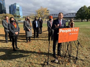 Saskatchewan NDP Leader Ryan Meili announces the party intends to introduce a one per cent tax on the wealth of residents with a net worth of more than $15 million if it is elected government on Oct. 26, 2020. Meili made the announcement with NDP candidates standing behind him in Rotary Park in Saskatoon on Wednesday, Sept. 20, 2020. (Phil Tank/The StarPhoenix)