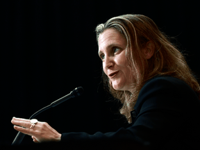 Finance Minister Chrystia Freeland's previous bluster about budget-busting levels of spending was quite absent at a press conference on Tuesday.