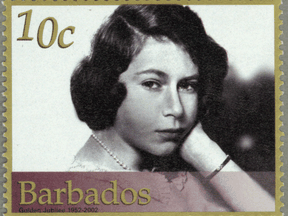 A stamp for the Barbados Postal Service to honour Queen Elizabeth II's Golden Jubilee in 2002.