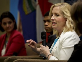 Sara Austin, founder and CEO of Children First Canada, speaks during Children First Canada's 'The Kids are Not Alright' panel discussion at the Westin hotel in downtown Calgary, Alta., on Wednesday, April 5, 2017.