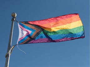 A Pride flag flies in Saskatoon.