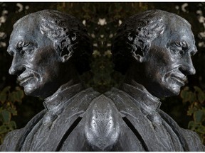 The statue of John A. Macdonald, photographed in Victoria Park in Regina on Sept. 14, 2020, and digitally edited to resemble a mirror image.