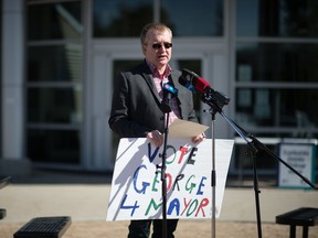 George Wooldridge speaks to media, announcing his candidacy for mayor in the upcoming municipal election during an event held in front of the Regina Public Library Prince of Wales Branch in Regina.