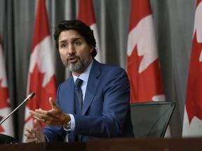 Prime Minister Justin Trudeau speaks during a news conference on the COVID-19 pandemic on Parliament Hill in Ottawa, on Friday, Sept. 25, 2020.