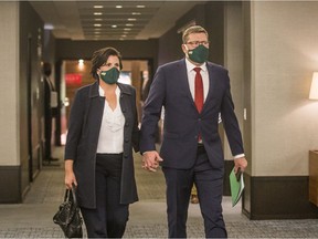 Party leader Scott Moe arrives at a Saskatchewan Party event with his wife Krista to await the results of the provincial election in Saskatoon, SK on Monday, October 26, 2020.