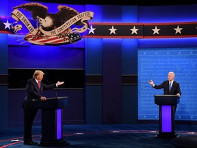 Joe Biden, 2020 Democratic presidential nominee, right, and U.S. President Donald Trump speak during the U.S. presidential debate at Belmont University in Nashville, Tennessee, U.S., on Thursday, Oct. 22, 2020.