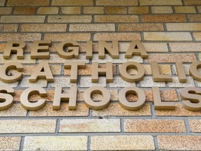 The sign on the front wall of Regina's Catholic school board office.