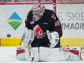 The Moose Jaw Warriors are reviewing the team's logo, shown here on the uniform of goaltender Adam Evanoff last season.