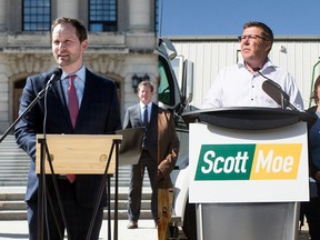 NDP Leader Ryan Meili, left, and Saskatchewan Party Leader Scott Moe are scheduled to meet in a leaders' debate on Oct. 14, 2020 that will be broadcast provincewide.