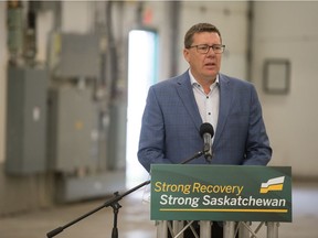 Saskatchewan Party leader and Saskatchewan premier Scott Moe, makes a campaign platform announcement at a building on Victoria Avenue East in Regina, Saskatchewan on Oct. 1, 2020.